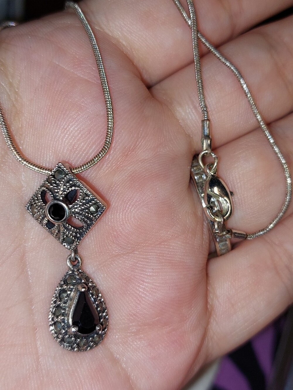 Silvertone Black Teardrop Pendant Necklace